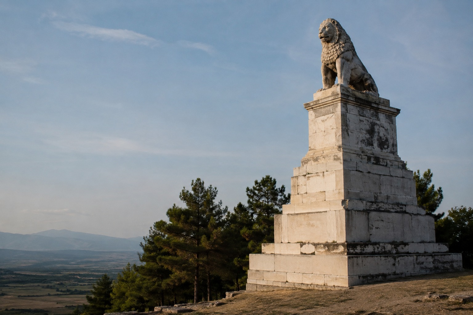 Der antike Löwe von Amphipolis in trockener Landschaft