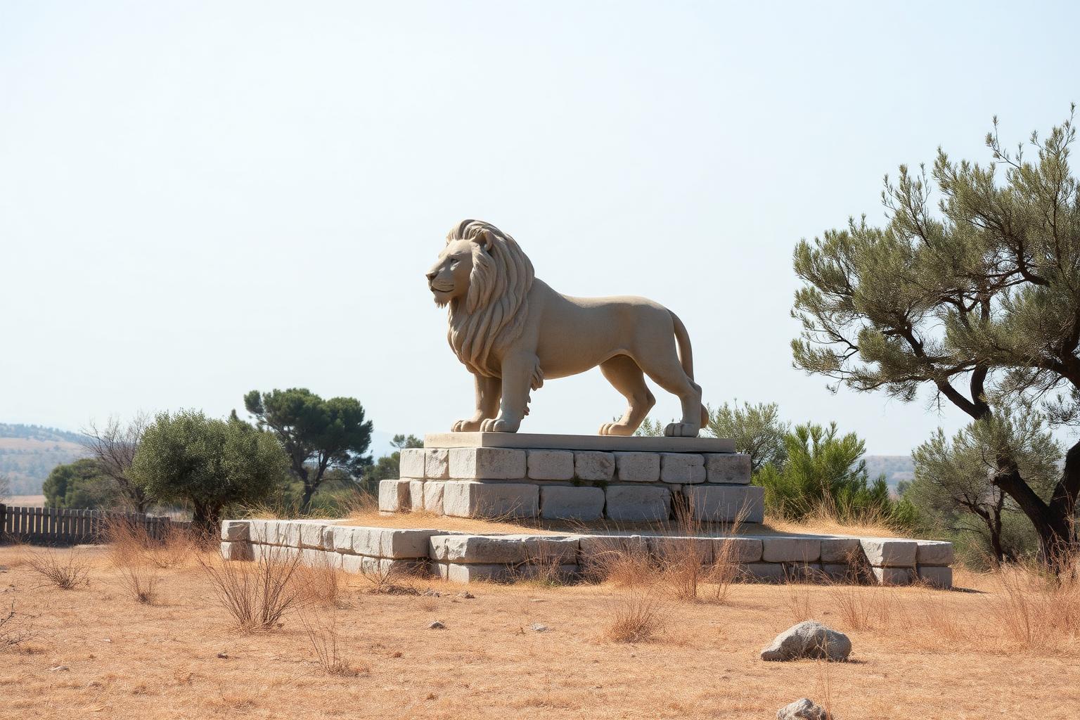 Der antike Löwe von Amphipolis in trockener Landschaft
