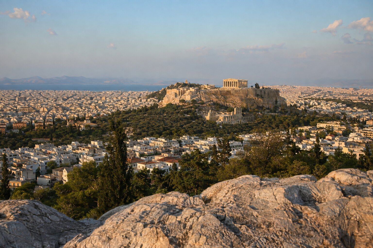 Blick vom Areopag-Felsen auf die Akropolis in Athen