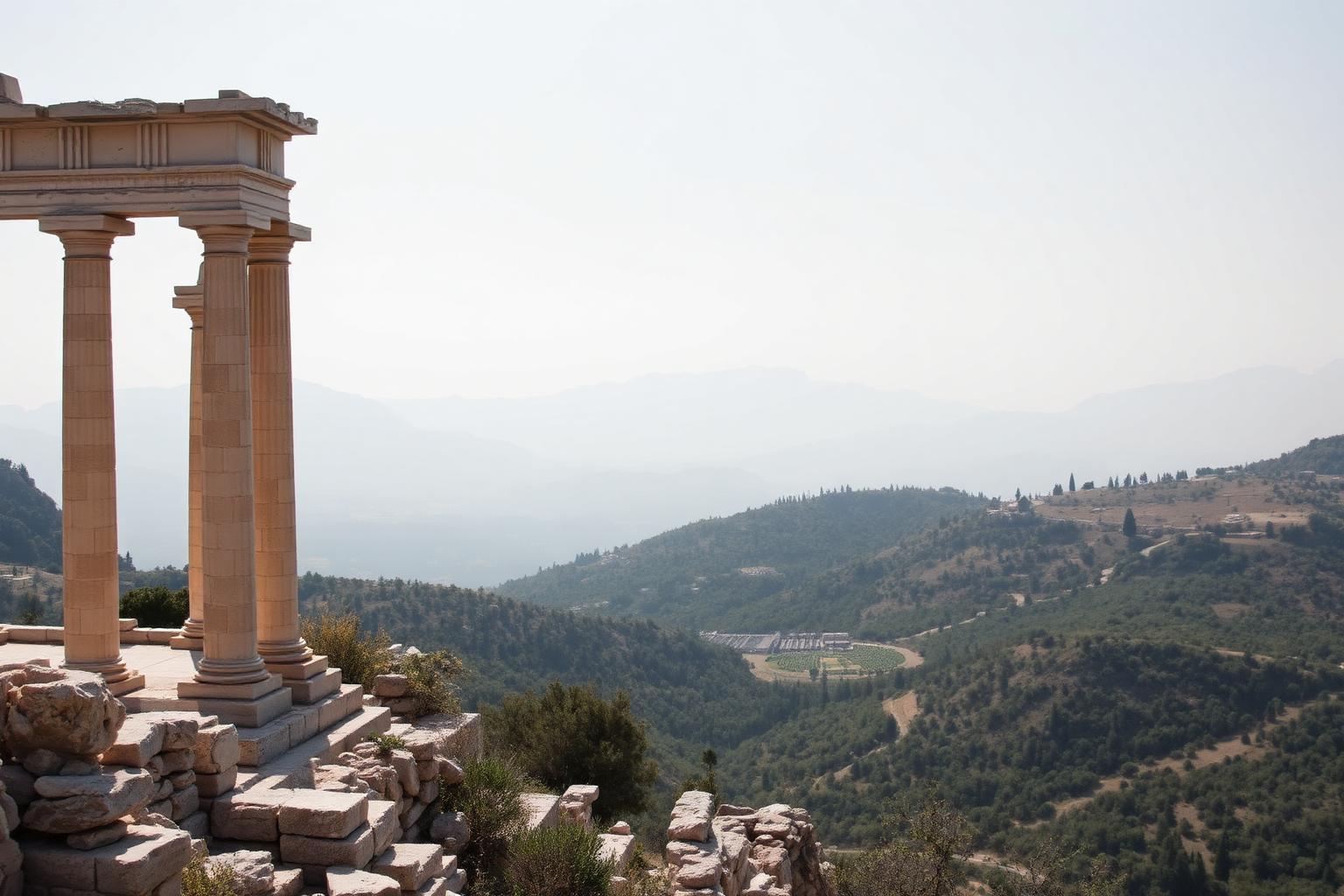 Säulen des antiken Heiligtums von Delphi über einem weiten Tal