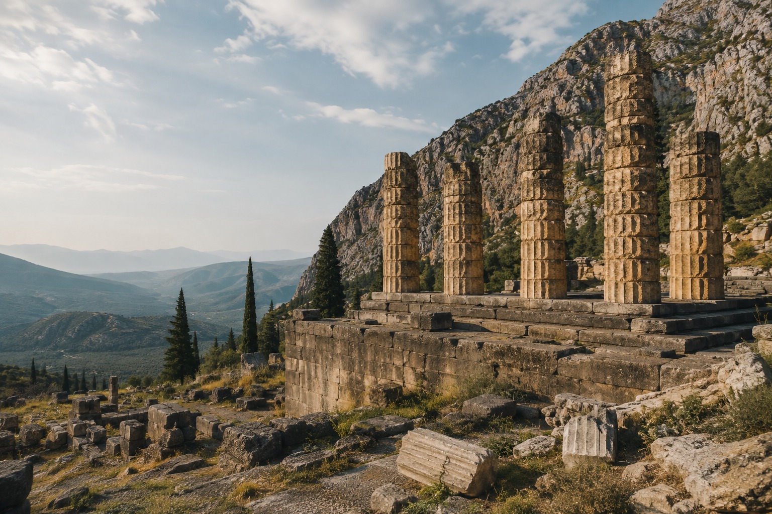 Säulen des antiken Heiligtums von Delphi über einem weiten Tal