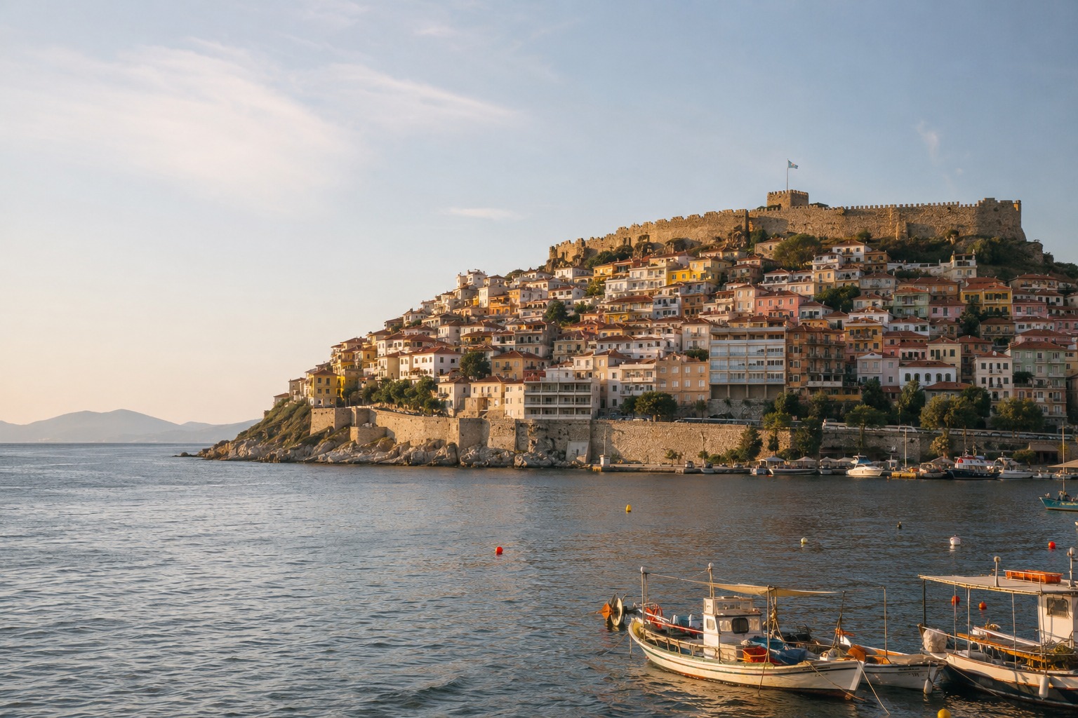 Hafen von Kavala am Abend mit dem osmanischen Aquädukt über der Altstadt