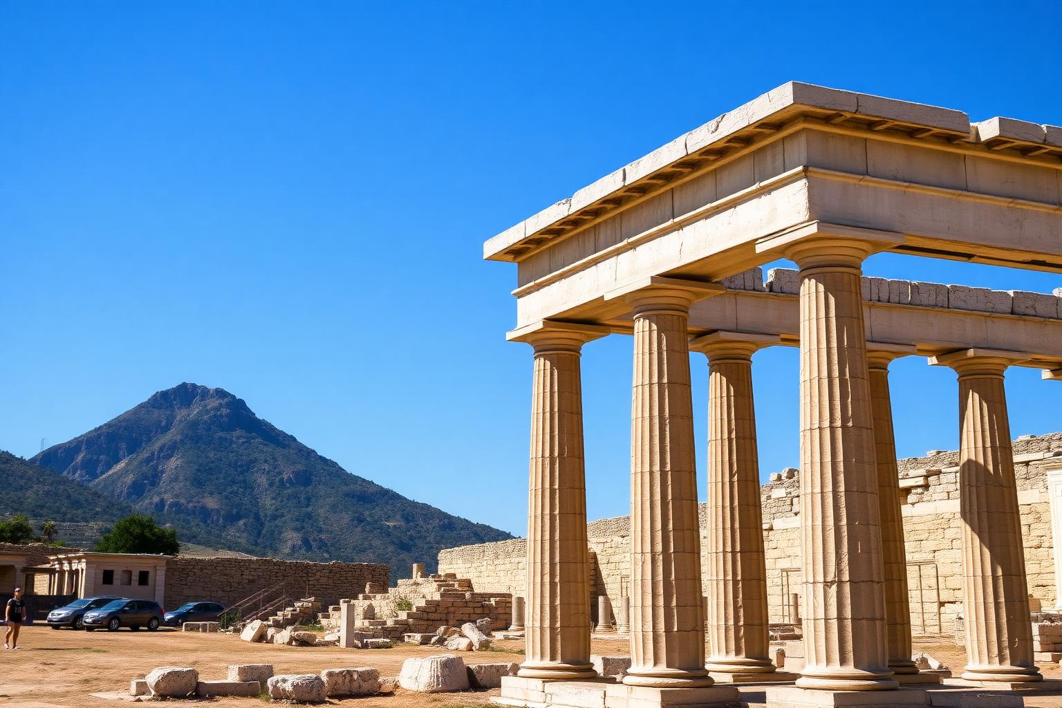 Dorische Säulen des Apollon-Tempels in Alt-Korinth vor dem Berg Akrokorinth