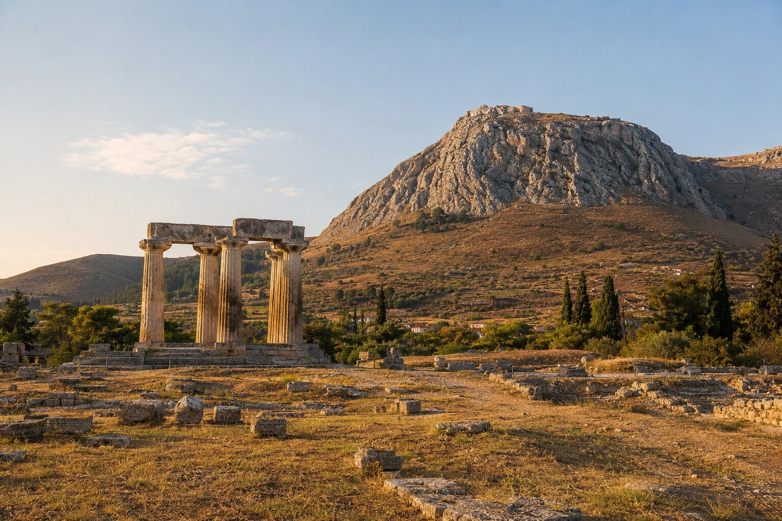 Dorische Säulen des Apollon-Tempels in Alt-Korinth vor dem Berg Akrokorinth
