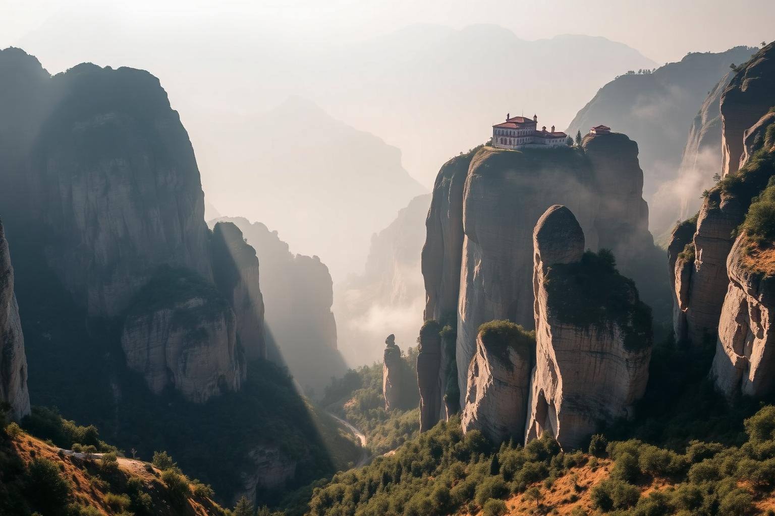 Felsentürme der Meteora im Morgennebel mit Klosterbauten auf den Gipfeln