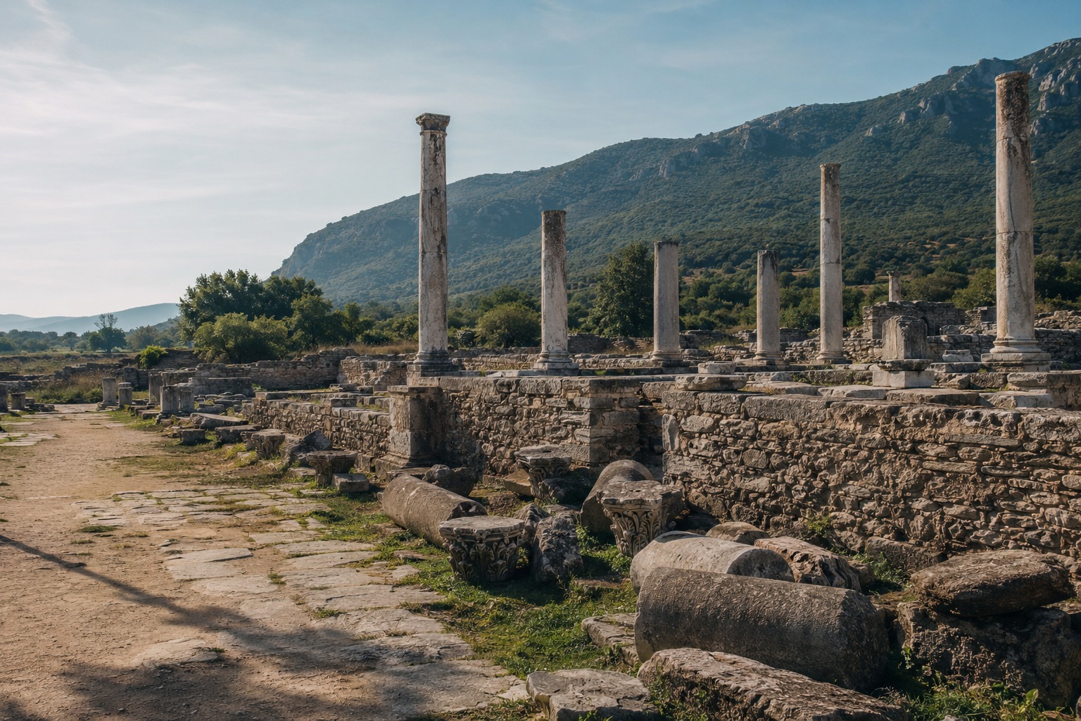 Marmorsäulen und antikes Straßenpflaster in der archäologischen Stätte Philippi