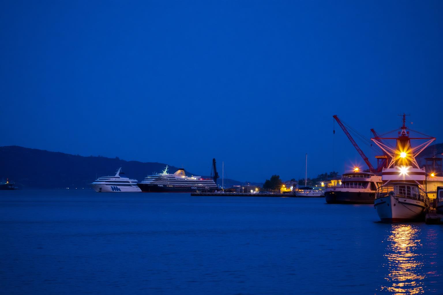 Hafen von Piräus in der blauen Stunde mit Fähren und Kränen