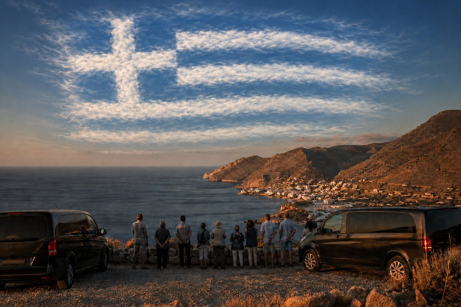 Reisegruppe mit zwei Vans an einem Küstenblick in Griechenland