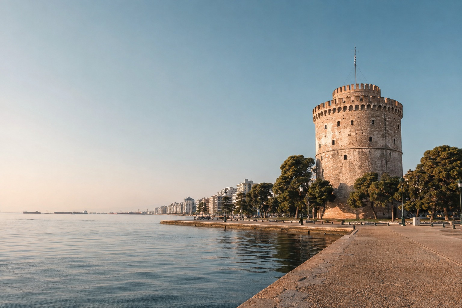 Uferpromenade von Thessaloniki mit dem Weißen Turm am Abend