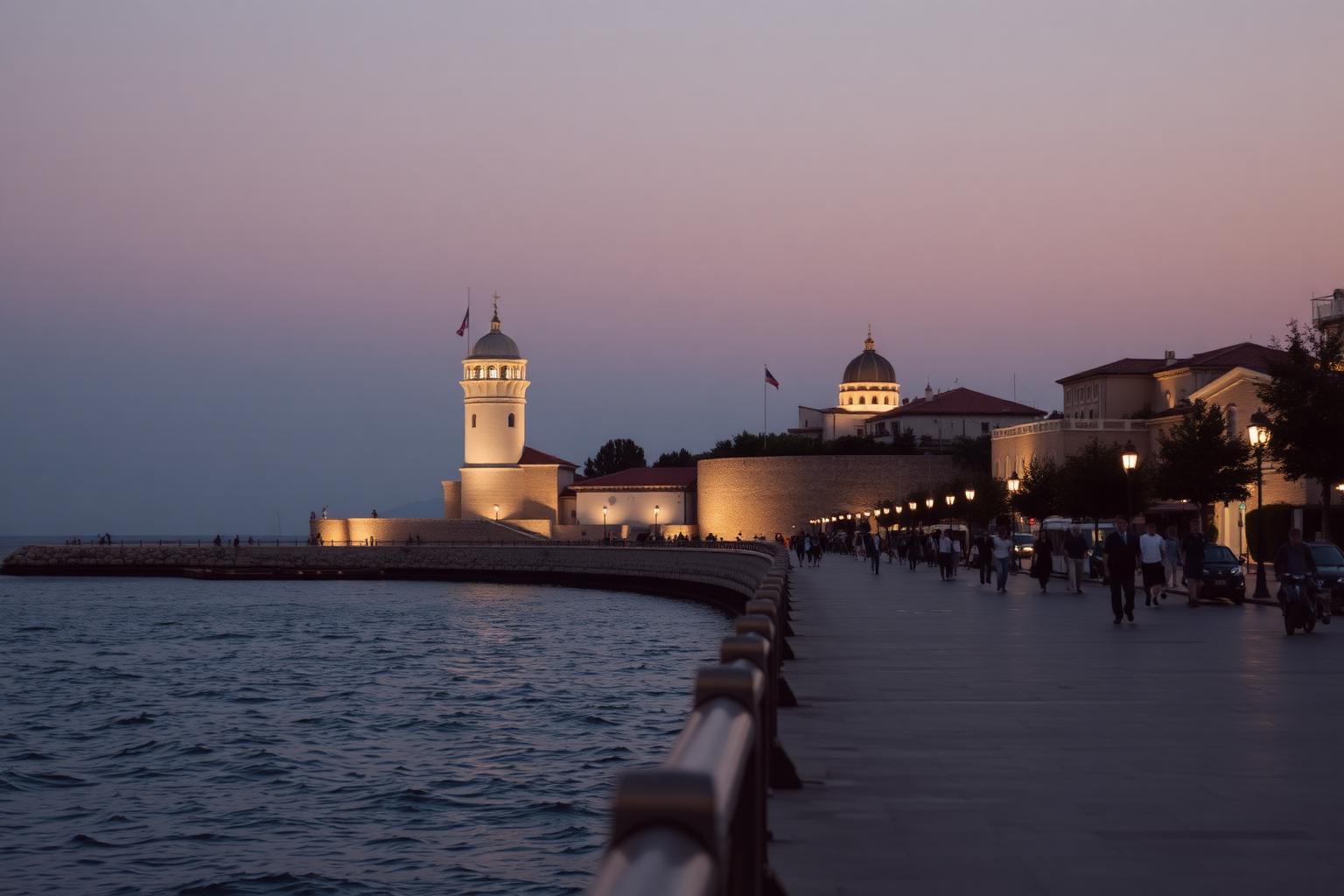 Uferpromenade von Thessaloniki mit dem Weißen Turm am Abend